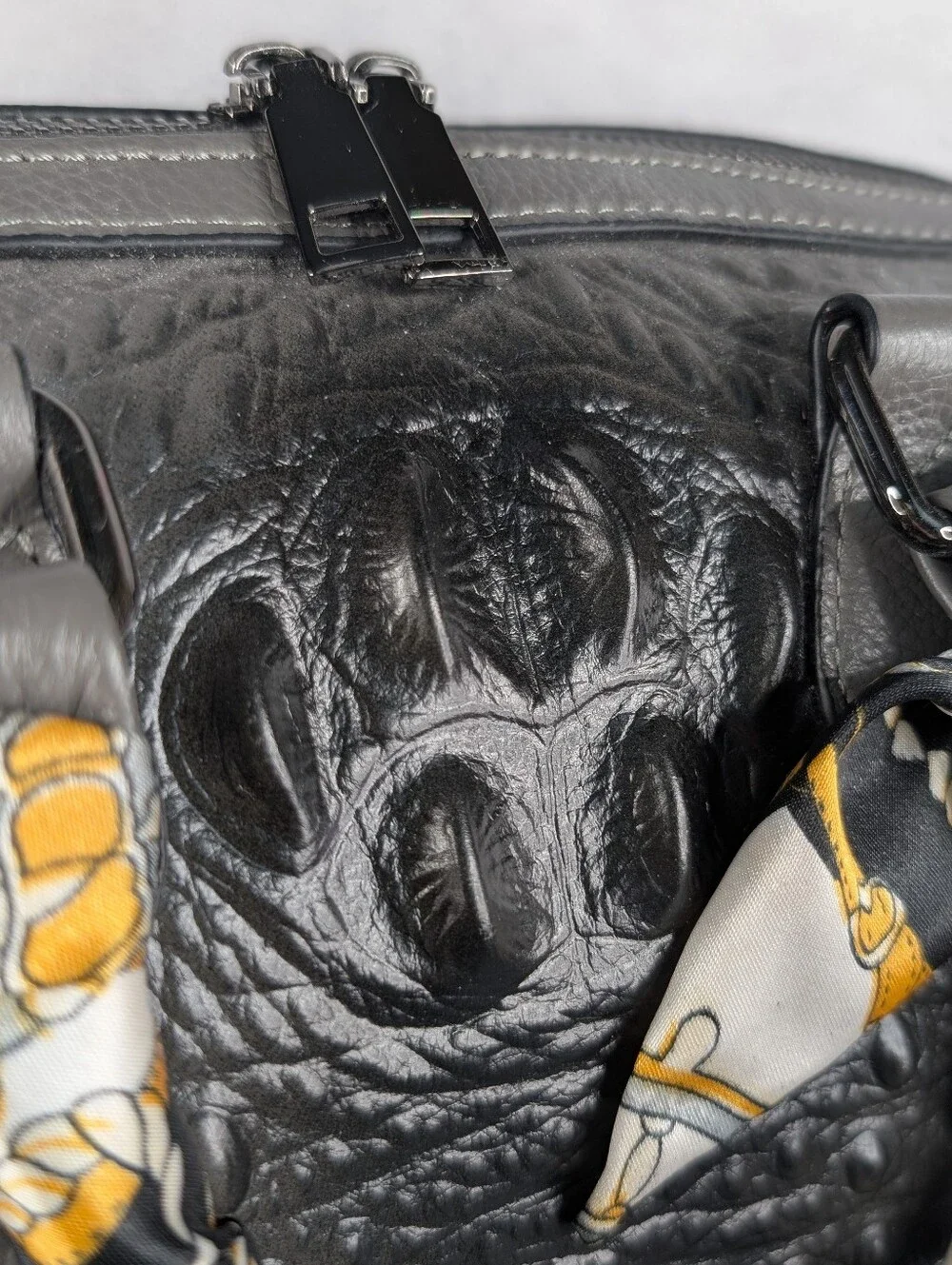 Gray Croc-Embossed Leather Satchel Bag with Scarf-Wrapped Handles NWOT